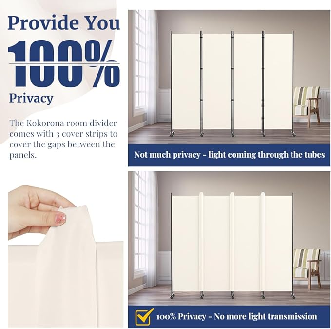 Kokorona 4 Panel Room Divider, 6FT Tall Rolling Privacy Screen with Lockable Wheels, Folding Wall Dividers Portable Room Divider for Room Separation, Included - Cover Strips, Beige, 88''W x 70''H
