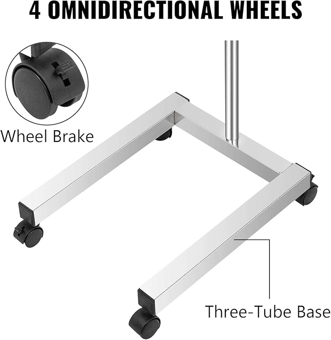 VEVOR Lab Cart, Stainless Steel Mayo Tray Stand 18 x 14 in Trolley Mayo Stand, Adjustable Height 32-51 in Instrument Tray with Removable Tray & 4 Omnidirectional Wheels, Ideal for Home Equipment