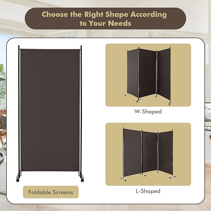 Giantex 3 Panel Room Divider with Wheels, 103''W x 71''H Folding Privacy Screen, Rolling Partition Room Dividers for Home Office Studio, Freestanding Fabric Wall Divider for Room Separation, Brown