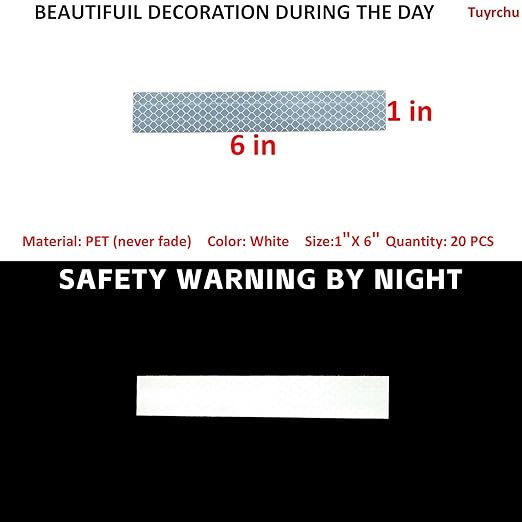 Non Fading White Reflective Stickers 1 inch X 6 inch, Outdoor Waterproof High Visibility Warning Safety Adhesive Reflector Tape (20 Pcs)