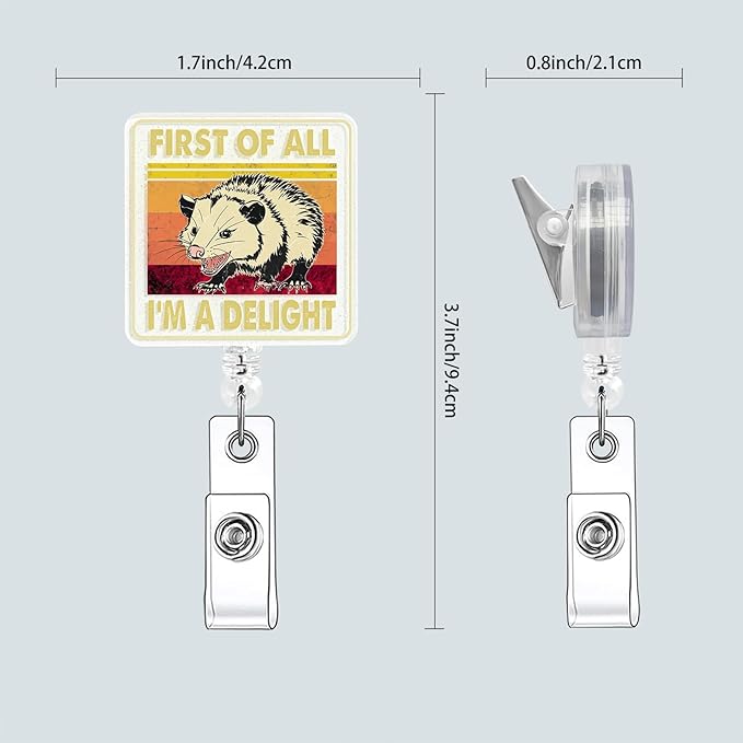 Funny Badge Reel, Id Card Holder Retractable with Alligator Clip, Cute Glitter Badge Buddy for Nurse Teacher Office Worker (Opossum)