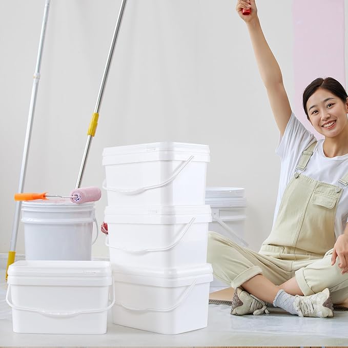 4 Packs Plastic Bucket with Airtight Lid, 3 Gallon Food Storage Bucket, White