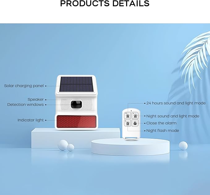 PGST Solar Alarm Motion Sensor,Outdoor Alarm Siren with Flashing Light,IP65 Waterproof,Remote Control,21 Sound Switching Options,120dB Loud Noise Maker for Farm,Yard,Garden,Fish Pond