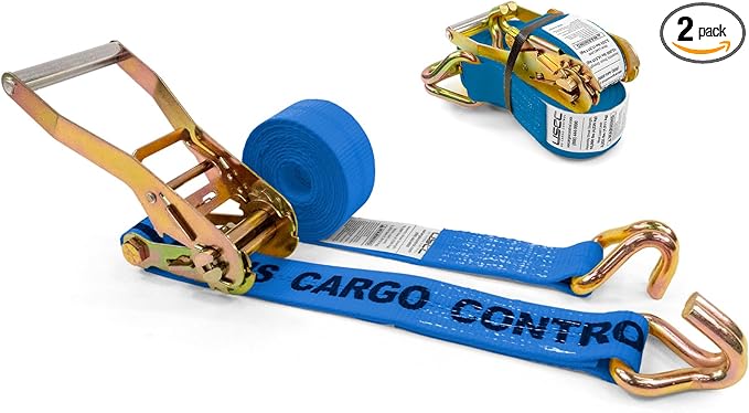 US Cargo Control Wire Hook Ratchet Straps 2 Inch x 12 Foot (2-Pack), 10,000 LBS Break Strength, Ratchet Straps Heavy Duty with Double J Hooks, Blue Cargo Tie Downs for Flatbed Trailers and Trucks