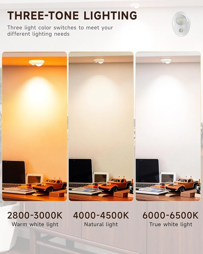 LED 500mAh Rechargeable Battery Puck Lights,Smart Sensor Night Light,3 Color Tap Lights,Wireless Closet Light,Under Cabinet Lighting,Magnetic Sitck On Lights for Kitchen,Closet,Pantry,Shelves(3 Pack)