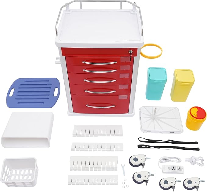 Rolling Crash Cart with Drawers & Adjustable IV Pole, Silent Casters, Needle Disposal Holder, Trash Bin, O2 Holder, Utility Trolley Cart for Clinic, Hospital, Salon, Lab, Load 176 Lbs (Red)