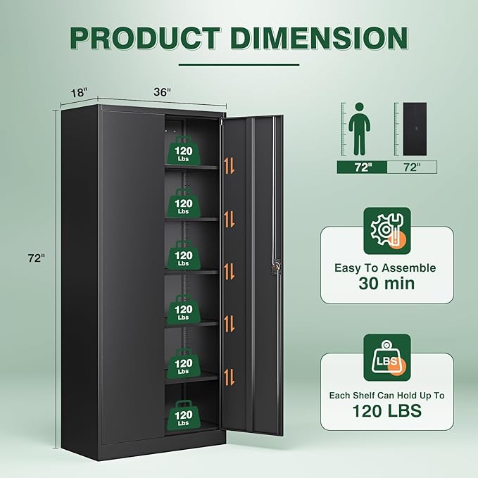 Letaya Metal Garage Storage Cabinets with Lock Door and Adjustable Shelves, Steel Tool Cabinets for Home,Office,Warehouse Organisieren (Black, 72" H)