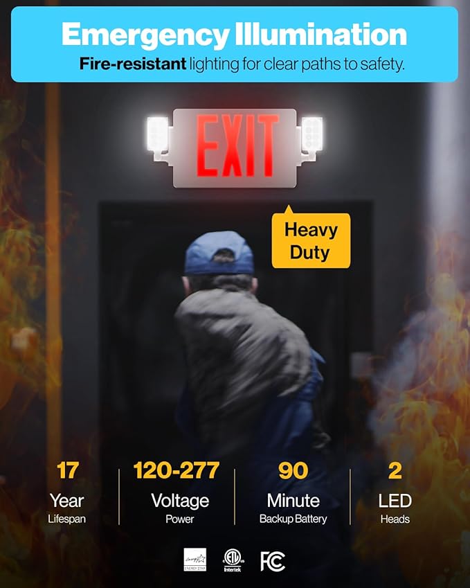 Sunco Exit Signs With Emergency Lights, Two Adjustable LED Lights With Backup Battery, Red, 94V-0 Fire Resistant, 120-277V, Wall Or Ceiling Mount, Commercial Grade UL.