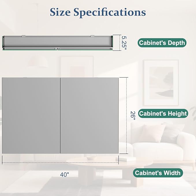 Bathroom Medicine Cabinet with Mirror, 40 Inch x 26 Inch Bathroom Mirror Cabinet with Double Door & Adjustable Shelves, Surface Mount or Recess Installation