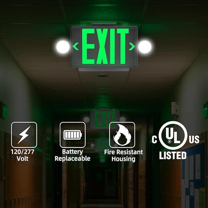 Exit Sign with Emergency Light, Ultra Slim, Green LED Exit Light, Exit Signs With Battery Backup, 2 Adjustable Emergency Lighting, Hardwired 120V/277VAC, UL-Listed, 2 Pack