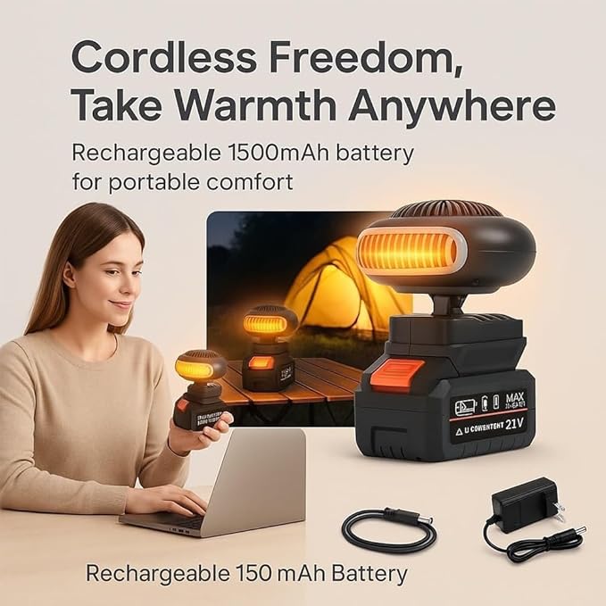 Portable Battery Powered Heater, 2026 New Battery Operated Heaters with 1/2PCS 1500mah Batteries, Anti Tilt Design Long Lasting Heatin for Camping, Car, Office, And Indoor Use(2*battery)