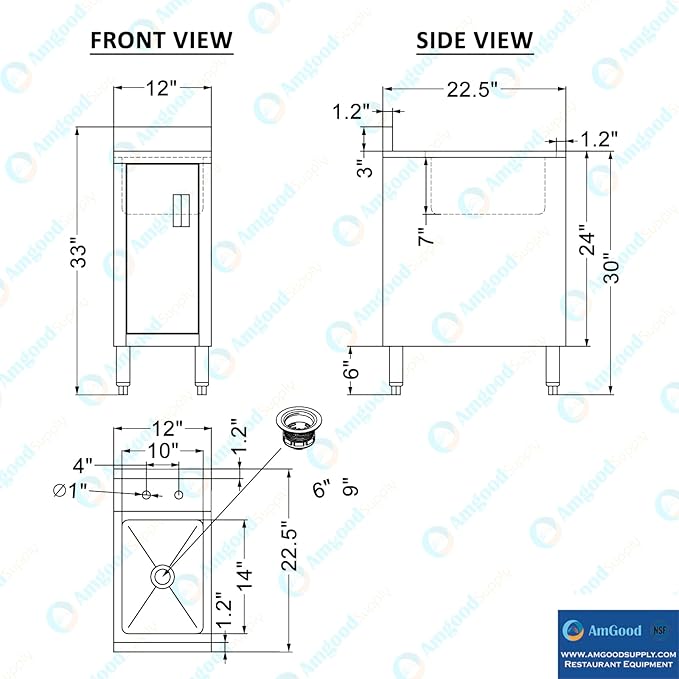 AmGood 22 in. x 12 in. Stainless Steel Underbar Hand Sink with Cabinet Base