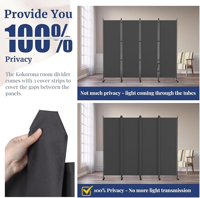 Kokorona 4 Panel Room Divider, 6FT Tall Rolling Privacy Screen with Lockable Wheels, Folding Wall Dividers Portable Room Divider for Room Separation, Included - Cover Strips, Grey, 88''W x 70''H