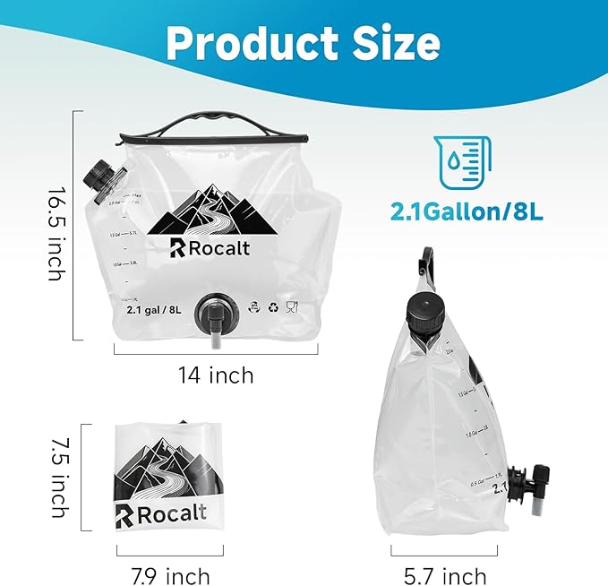 Rocalt 2 Pack Collapsible Water Container, 2.1Gallon BPA Free Water Storage Carrier Jug with Spigot, Foldable Camping Portable Water Bag with Wide Filler Opening for Hiking, Survival & Emergency