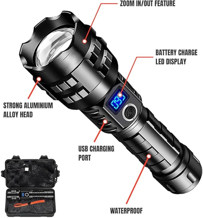 NightBuddy Powerful Rechargeable Tactical LED Flashlight 5000 High Lumens for Home Camping or Survival with Emergency Window Breaker 5 Light Modes IPX7 Waterproof Adjustable Focus USB Output