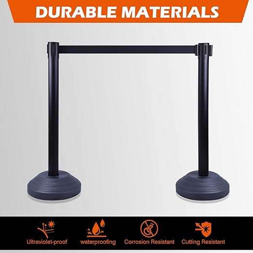 6 Pack Crowd Control Stanchions with 10FT Retractable Belt, Water Filled Base, Black Barrier Posts for Queue Management, Events, and Public Safety