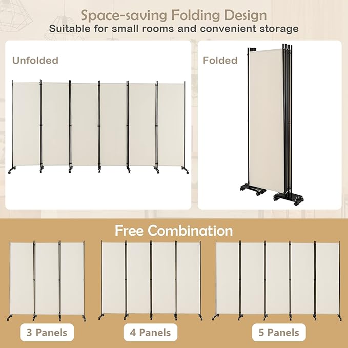 GOFLAME 6 Panel Folding Room Divider, 6FT Rolling Privacy Screen with Lockable Wheels, Portable Room Partition Screen, Freestanding Wall Divider and Separator for Home Office, White