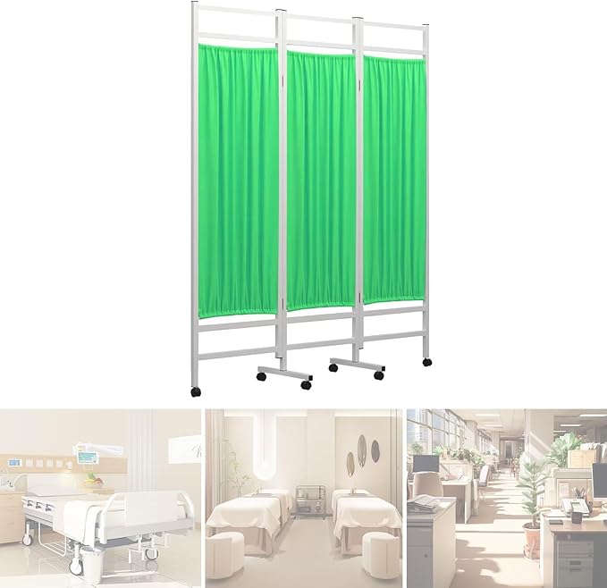 Medical Privacy Screen on Wheels, Foldable Medical Room Divider with Lockable casters, Waterproof Nylon Panel, Portable Privacy Screen for Room, Easy to Clean (Green 3 Panels)
