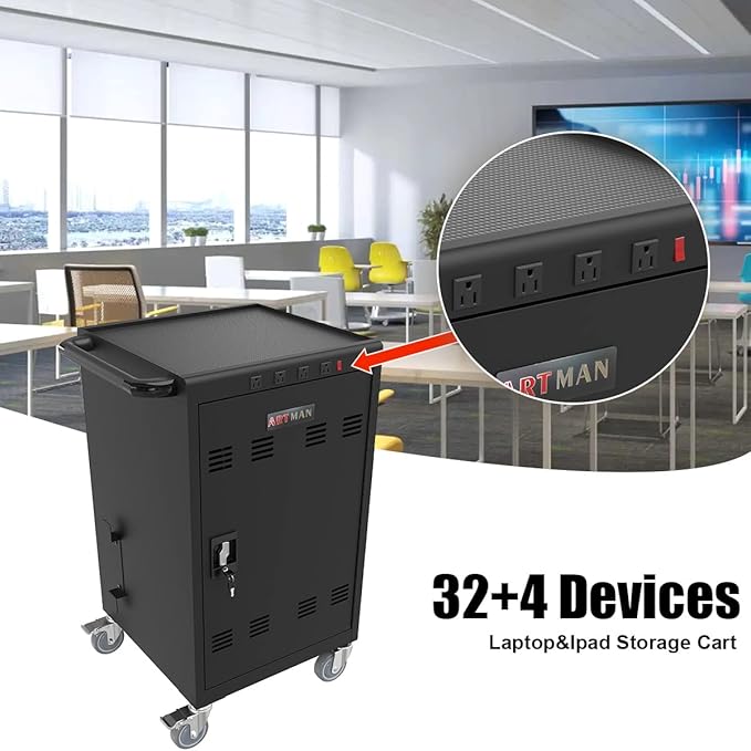 36-Device Mobile Charging Cart with Charging Power Strip and Front and Rear Access Locks, Cable Management, Up to 17"", Safe Charging Cabinet for Ipads, Chromebooks, Tablets, Laptops Black