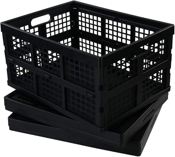 Morcte 34 L Plastic Rectangular Collapsible Crates, Folding Crates Storage, Pack for 3, Black