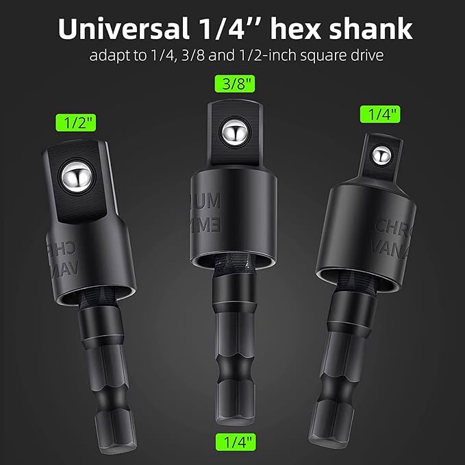 Right Angle Drill Adaptor,4-in-1 Impact Drill Bit Extension,360° Rotatable 1/4 3/8 1/2" Impact Grade Socket Adapter Set,105 Degree Angle Screwdriver Drill Bit for Household Workplace Industry