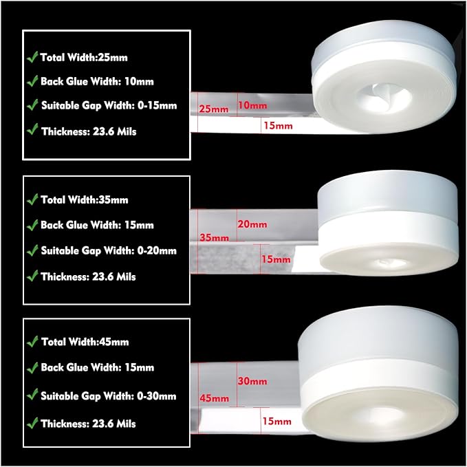 Silicone Seal Weather Stripping Tape 16.5 Feet Strip Bottom Draft Insulation Stopper Tape Weatherproof Soundproof for Door or Window Bathroom Shower Glass Gaps（25mm*5m）