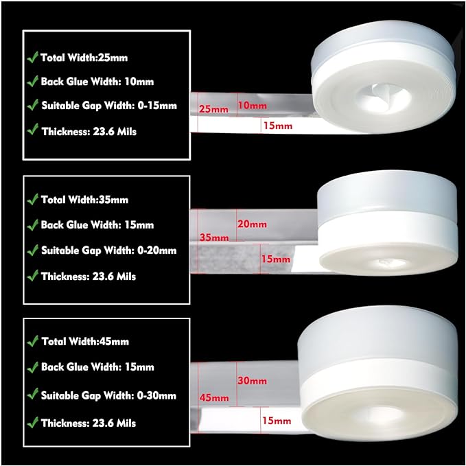 Silicone Seal Weather Stripping Tape 16.5 Ft Strip Bottom Draft Insulation Stopper Tape Weatherproof Soundproof for Door or Window Bathroom Shower Glass Gaps（35mm*5m）