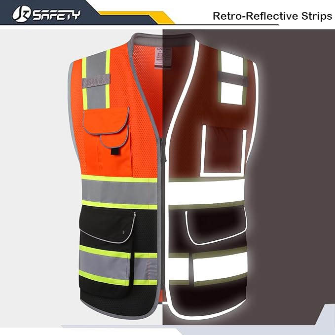 JKSafety 9 Pockets Hi-Vis Safety Vest High Visibility Reflecitive Mesh Safety Vests for Men and Women Cushioned Collar Work Utility PPE Work Gear ANSI/ISEA compliant Class 2 (101-OBlk 3XL)