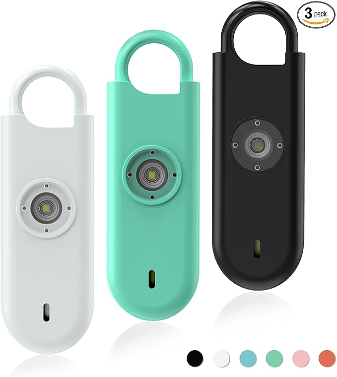 140dB Personal Safety Alarm for Women, 3 Pack Safe Alarm Protection Keychain with Strobe Light & Low Battery Notice, Security Siren Self Defense for Seniors College Girls, White+Green+Black