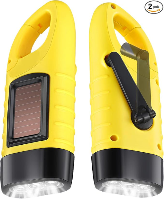 Leelosp 2 Pieces Hand Crank Flashlight Solar Powered Flashlight for Emergencies Dynamo Rechargeable LED Survival Light for Outdoor Sports Hiking Camping (Yellow)