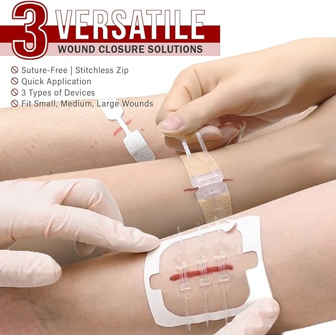 Wound Closure Kit | 28 Pcs All-in-One First Aid with Suture-Free, Stitchless Zip Devices, Butterfly Bandages, for up to 6" Wounds | 100% Sterile Medical Supplies to Clean, Cover & Heal