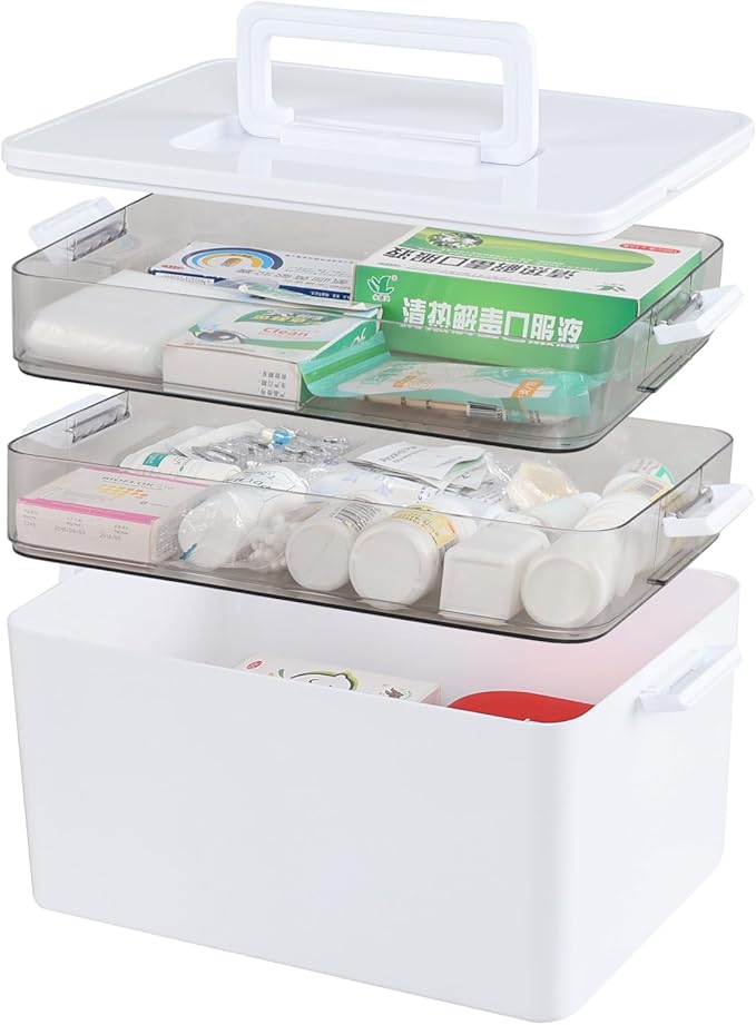Ramddy 3-Tier Medicine Storage Box, Plastic Family First Aid Box with Handle, White, 1-Pack
