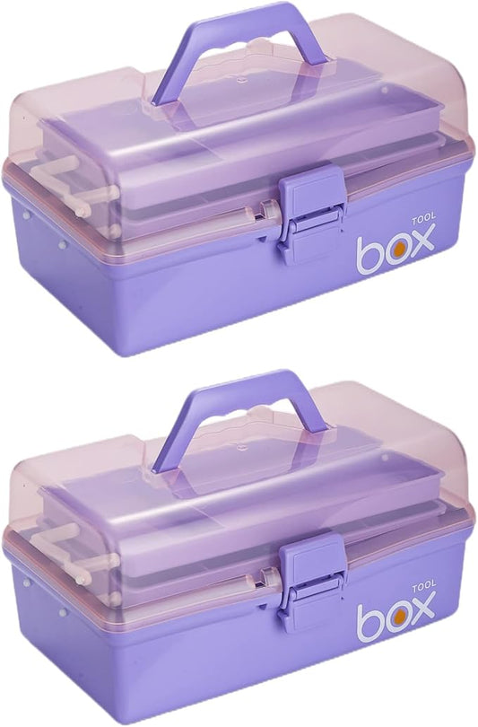 2PCS 12'' Three-Layer Clear Plastic Storage Box/Tool Box, Multipurpose Organizer and Portable Handled Storage Case for Art Craft and Cosmetic (Purple)