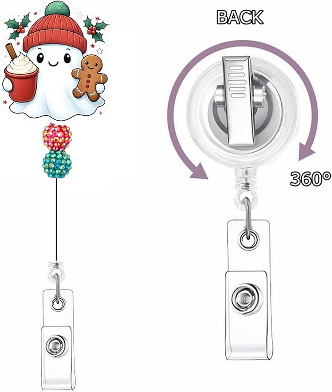 Retractable Christmas Badge Reel Funny Ghost Badge Holder with Bead Gingerbread Man Holly Leaves ID Name Tag with Alligator Clip Xmas Decorative Acrylic Badge Clip for Nurse Volunteer Student Staff