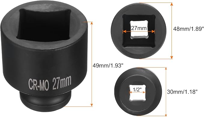 HARFINGTON 4 Point Square Socket 1/2" Drive 27mm Metric Square Impact Socket CR-MO Blackening Standard Wheel Sockets Pneumatic Socket Tool for Auto Repair Mechanical Maintenance Home Use