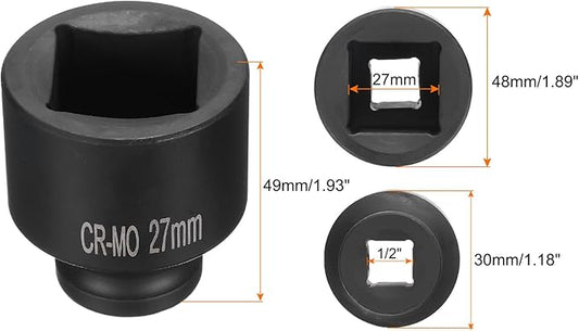 HARFINGTON 4 Point Square Socket 1/2" Drive 27mm Metric Square Impact Socket CR-MO Blackening Standard Wheel Sockets Pneumatic Socket Tool for Auto Repair Mechanical Maintenance Home Use