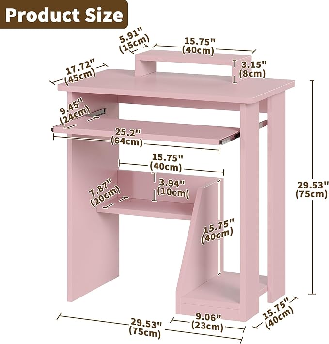 ALISENED 30" Small Computer Desk with Keyboard Tray Monitor Stand, Study Writing Desk with Storage Shelves, Modern Workstation for Small Spaces, Save Space, Pink