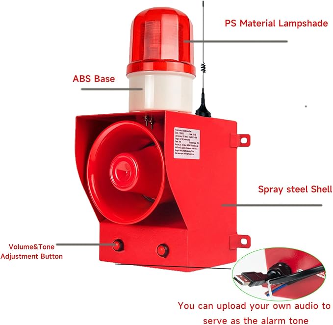 0.31mile Wireless Remote Control Siren Adjustable Volume Tone Waterproof 130dB Horn Security Alarm Systerm with LED Strobe Light AC110-120V