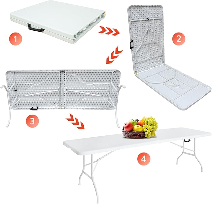Portable 8Ft Plastic Folding Table, Heavy Duty 8ft Fold-in-Half Table with Carrying Handle, 8' Folding Utility Foldable Table for Picnic Party Camping Kitchen, Indoor/Outdoor (White)