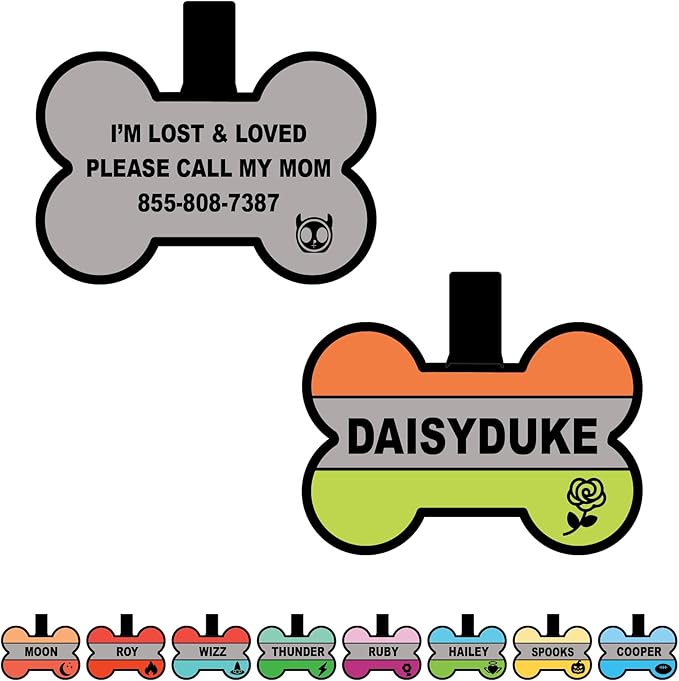 Silent Dog Tag Personalized with 5 Lines of Custom Deep Engraved Durable Soundless Silicone Pet ID Name Tag Bone Design OrangeGreen