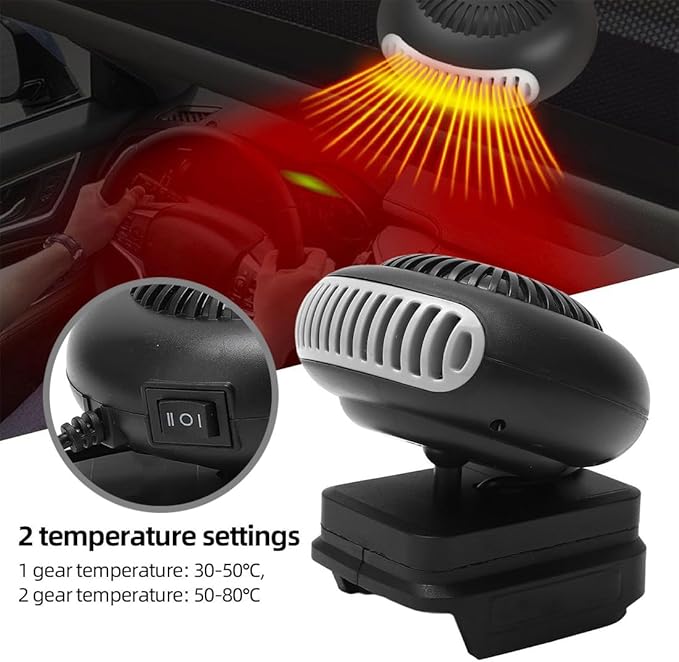 Battery Operated Space Heater - Battery Powered Heater for Camping, 360° Rotation 2 Heat Settings Anti-Tilt Car Defroster, for Car Indoor Use (3900mAh Batt*1)
