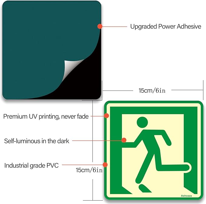 Emergency Exit Sign Glow in the Dark Decals, 8 pcs, (15x15 cm), Running Man Sign With Directional Arrow Light Stickers
