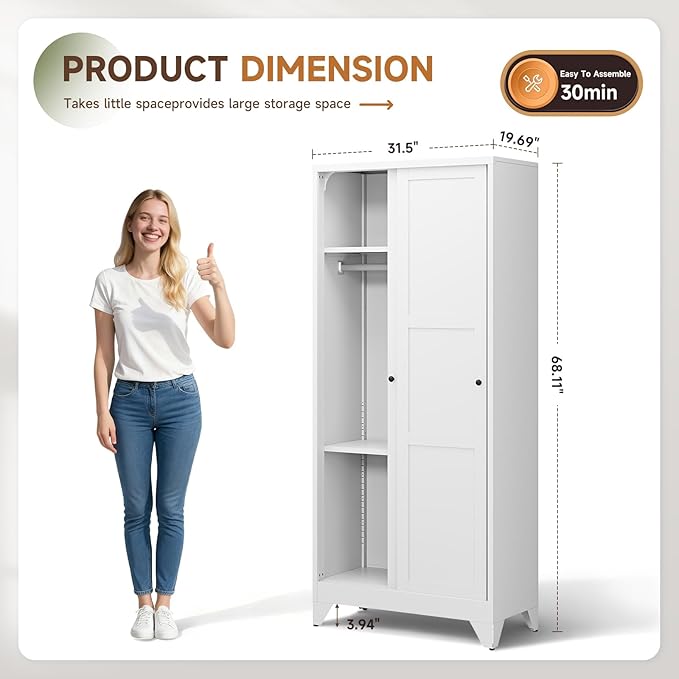 Letaya Metal Wardrobe Cabinets,68" Tall Armoire Wardrobe Closet with Sliding Barn Doors and Shelves,Large Coat Closet Cabinet with Hanging Rod,Clothing Storage Cabinets for Home Room,White (White)