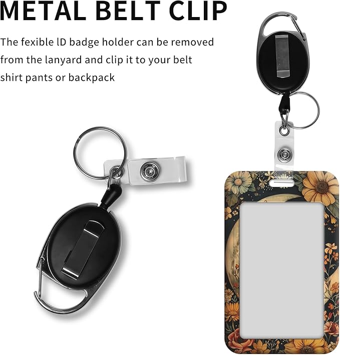 ID Badge Holder with Retractable Lanyard for Women & Men,Vertical ID Card Holder Wallet,Clear Window&Card Slot,Detachable Neck Strap for Nurse Teacher Office,Floral Moon