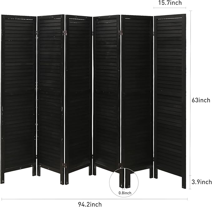 ECOMEX 6 Panel Louver Wood Room Divider 5.6ft.Tall Folding Privacy Screen Panels, Room Divider Wall, Divider for Room Separation, Partition Room dividers and Effectively Block Sight(Black)
