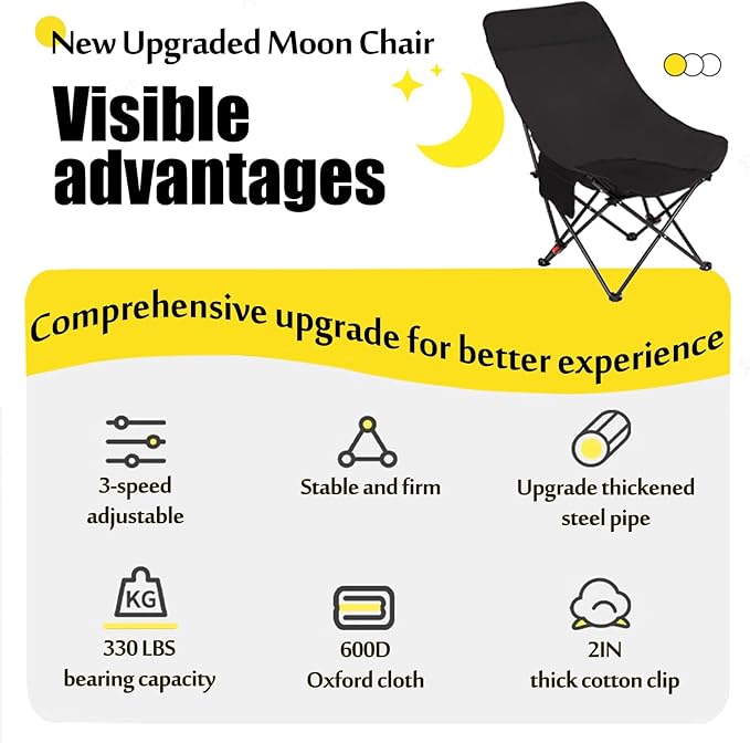 Outdoor Folding Camping Chairs 2 Pack，3-Stage Adjustable High Back Chair – Supports 660 lbs，Comfortable Thickened Sponge Cushion 600D Oxford Fabric Portable with Storage Bag & Side Pocket (Black)