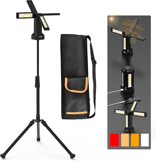13200mAh Rechargeable Solar Work Light with Folding Stand Support and Portable Carrying Bag, 8000 Lumen Stepless Dimmable, 4 Lighting Modes, White/Warm/Warm White (Black(Standard))