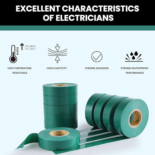Lichamp 10-Pack Green Electrical Tape Waterproof, 3/4 in x 66ft, Industrial Grade UL/CSA Listed High Temp Electrical Tape Green Electric Super Vinyl