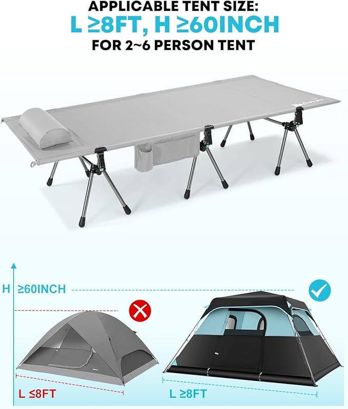 Gonex 31.5" Extra Wide Camping Cot with Leg Extenders 2 in 1 Portable Folding Cot for Adults Height Adjustable Supports 350lbs Sleeping Bed for Backpacking Travel Beach Home (Grey)