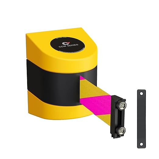 Crowd Control Warehouse - CCW Series WMB-230 Magnetic Wall Mount Retractable Belt Barrier - 30 Foot Belt, Magenta and Yellow Diagonal Belt with Yellow ABS Case